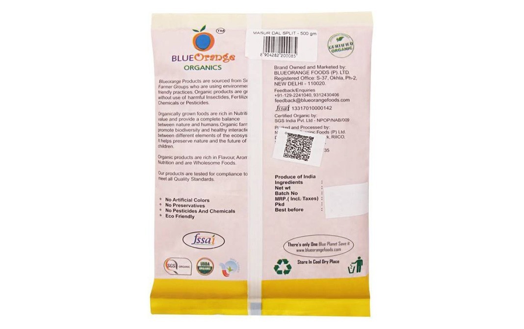 Blue Orange Organics Masur Dal (Split)    Pack  500 grams